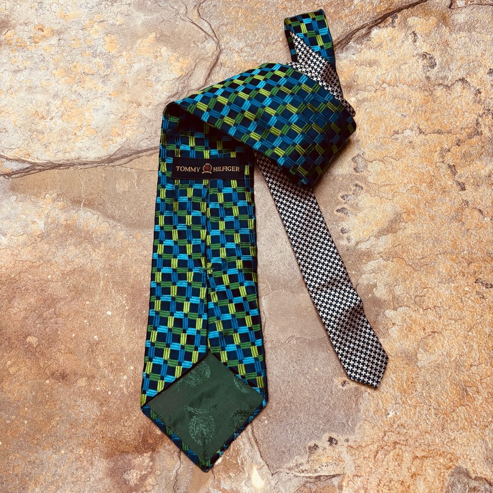 Tommy Hilfiger 100% Silk Tie – Blue & Green Checkered Preppy Academia Menswear